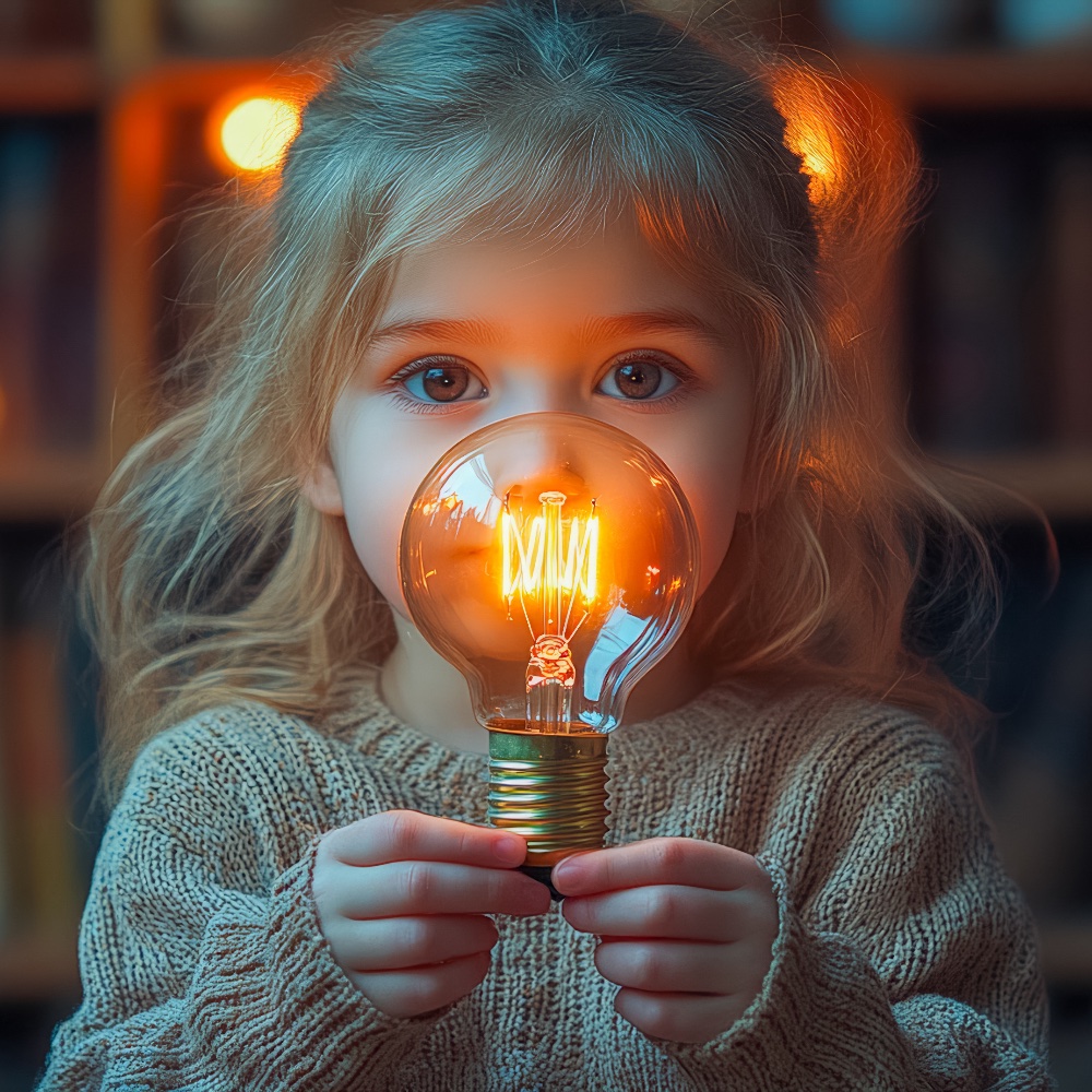 Child holding lightbulb, bright idea, creative inspiration, imagination, innovation, perfect for education, learning, and concept theme